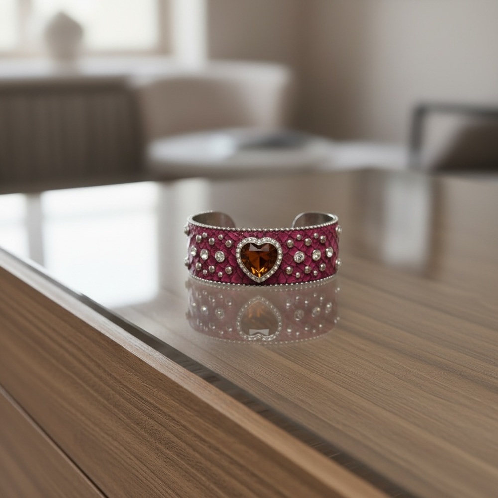 Wide‎ Cuff Heart-Embellished Red Leather Bracelet - Picture 4 of 6